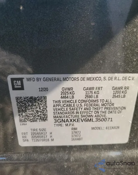 2021 Chevrolet Equinox Lt from USA, damaged, VIN 3GNAXKEV6ML350071